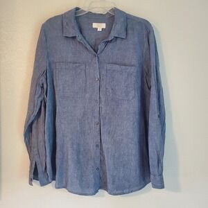 Charter Club Linen‎ Shirt Womens XL Blue Long Sleeve Button Front Luxury Pockets